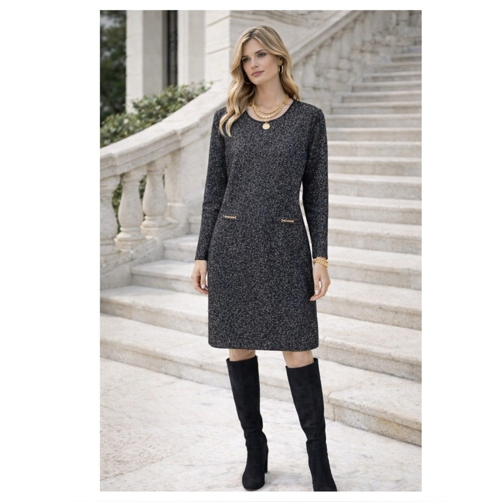 Talbots tweed sheath midi dress Size 12 black white career modest church